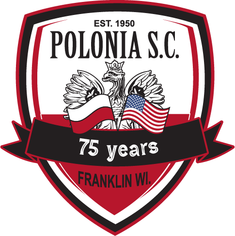 75th anniversary logo for Polonia S.C. in Franklin, WI. A shield features a crowned eagle holding Polish and U.S. flags. Text includes: EST. 1950, POLONIA S.C., and 75 years.