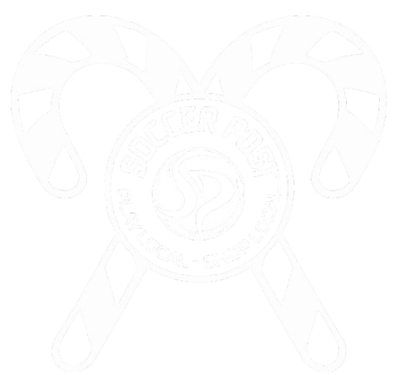 Black and white holiday-themed logo for Soccer Post featuring two crossed candy canes and the slogan "PLAY LOCAL - SHOP LOCAL."