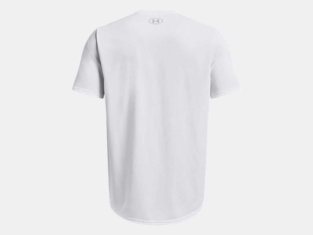 Rear view of a white short-sleeved Under Armour athletic t-shirt.