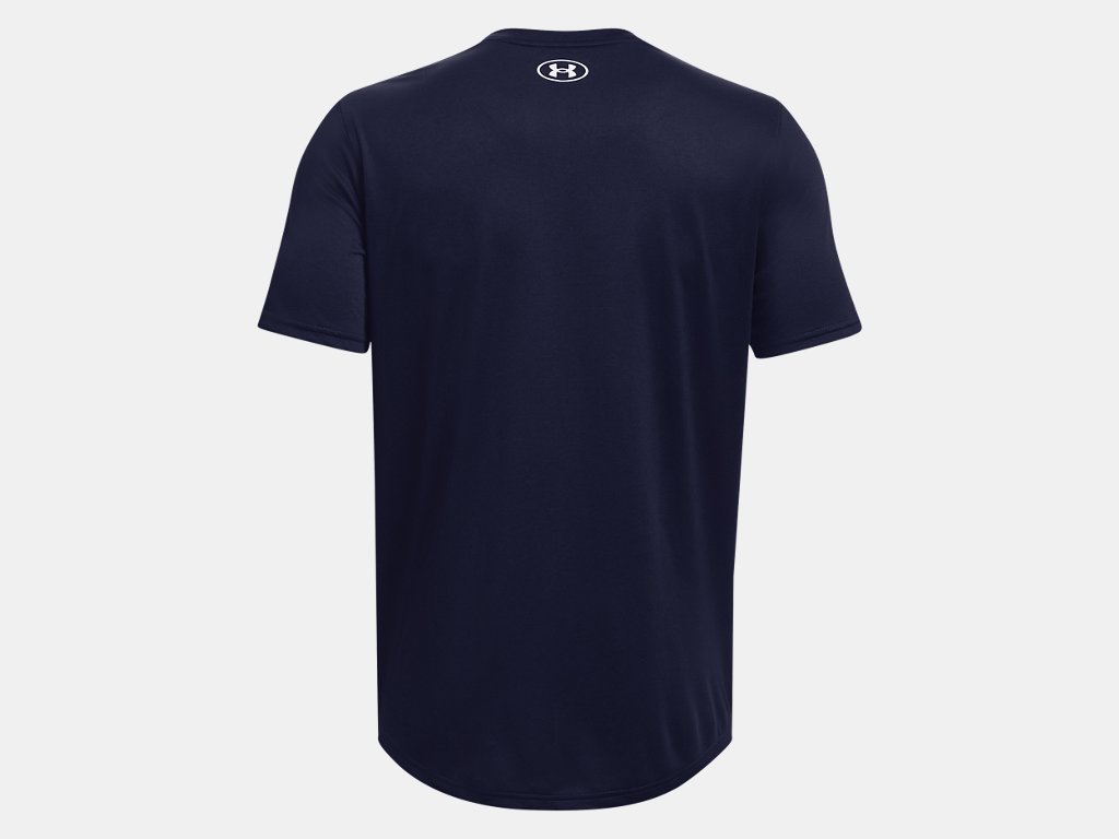 Back view of a navy blue short-sleeve Under Armour t-shirt with a small white logo below the collar and a curved hem.