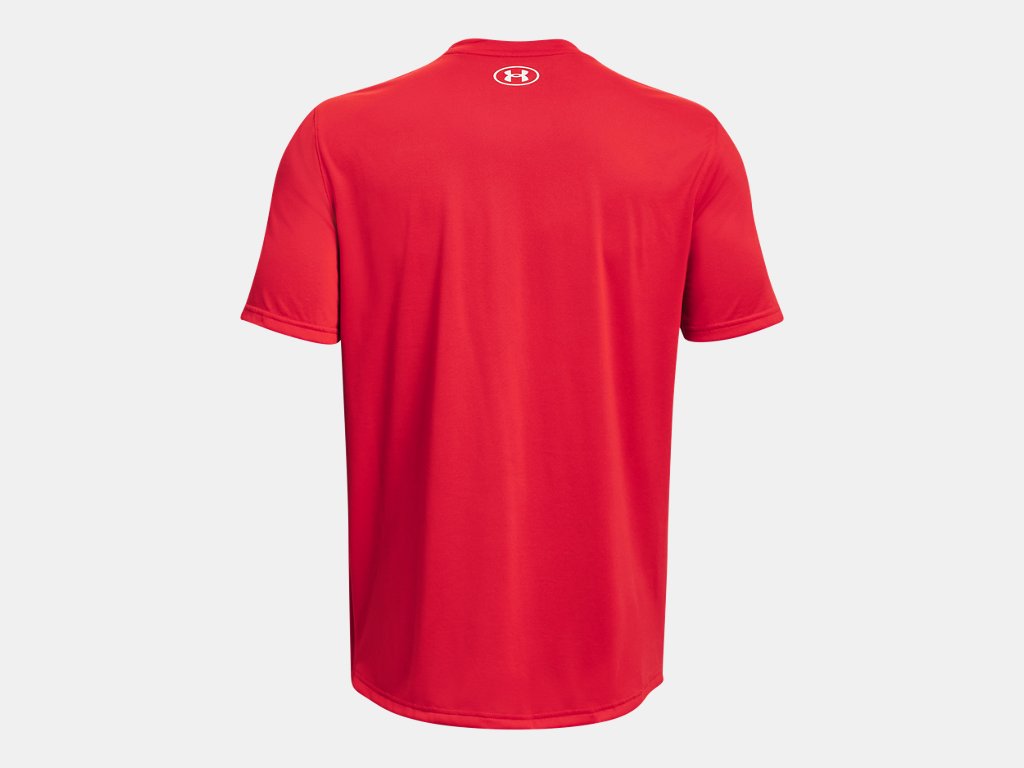 Rear view of a red Under Armour short-sleeved athletic shirt with a white logo centered near the collar.