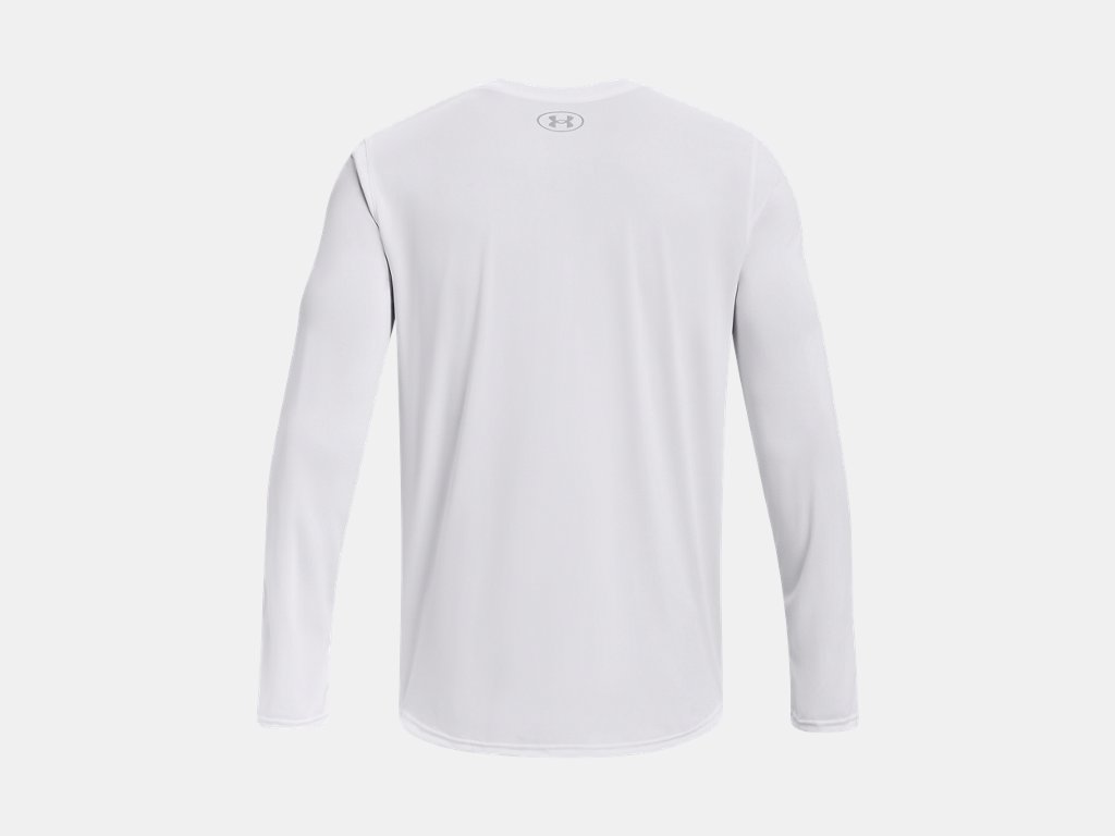 Back view of a white long-sleeved athletic shirt with a small logo at the back of the neck.