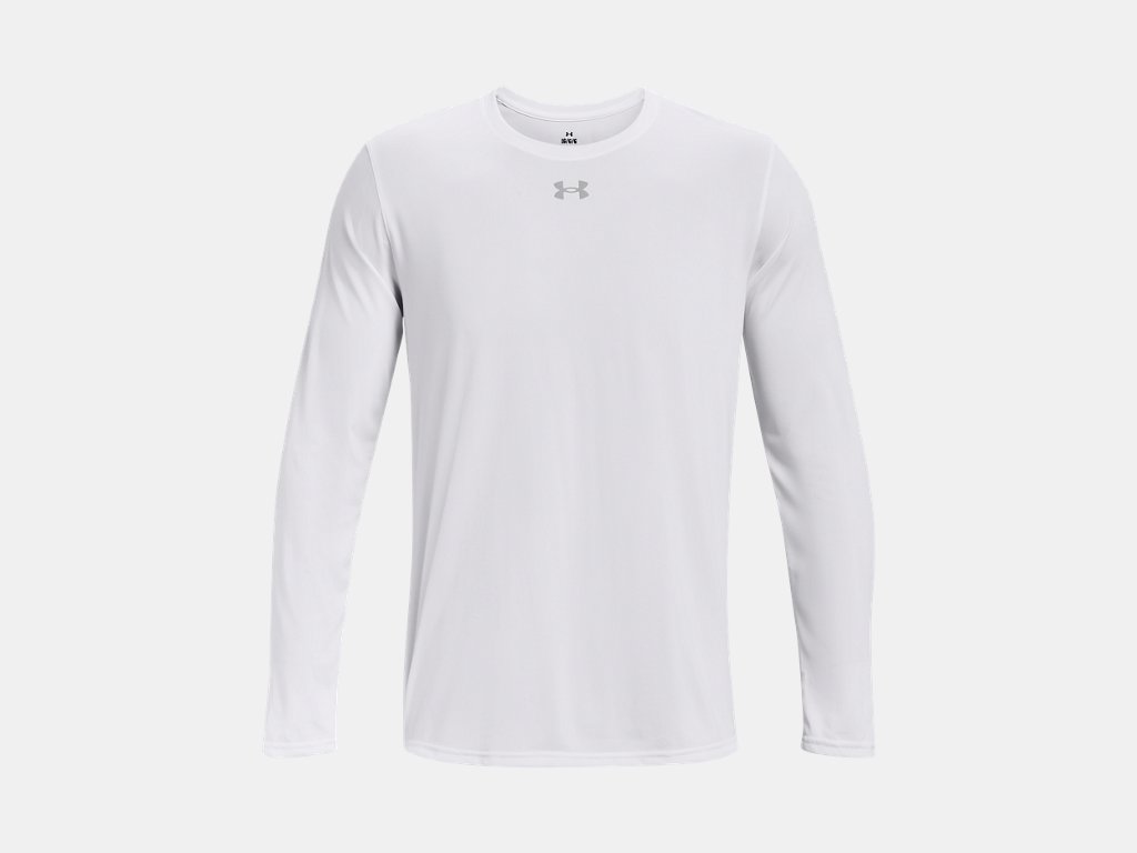A white long-sleeved Under Armour athletic shirt with a small grey logo centered below the crew neckline.