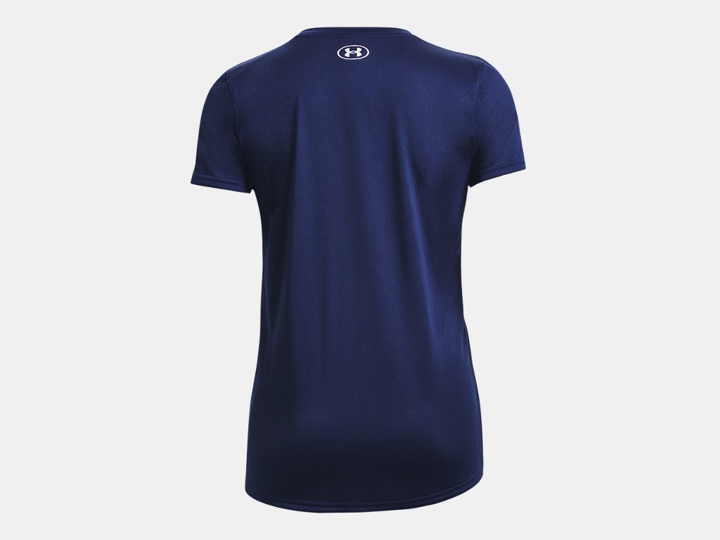 Back view of a navy blue short-sleeve athletic t-shirt with a small white Under Armour logo at the center of the back neckline.