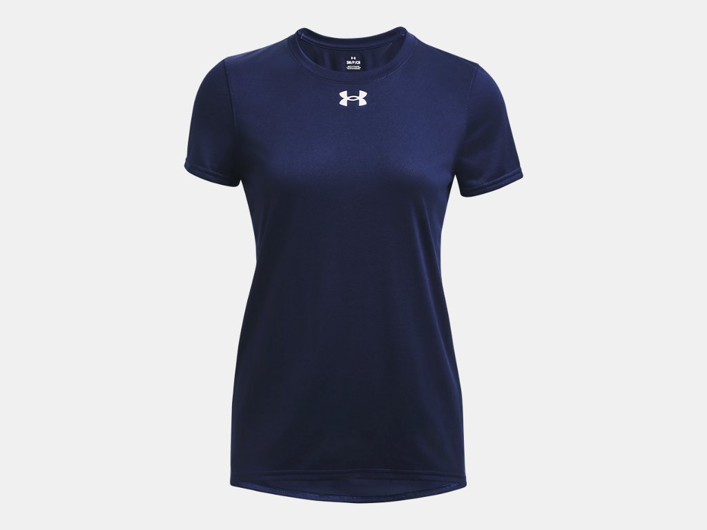 Navy blue short-sleeved Under Armour women's athletic t-shirt with a small white logo on the center chest.