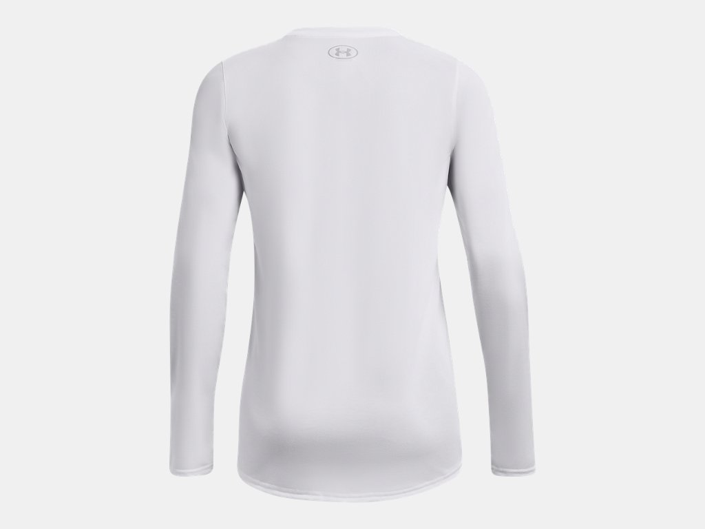 Back view of a white long-sleeved athletic shirt with the Under Armour logo on the upper back.