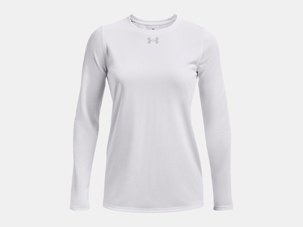 White long-sleeve athletic crew neck shirt from Under Armour featuring a small silver logo in the center of the chest.