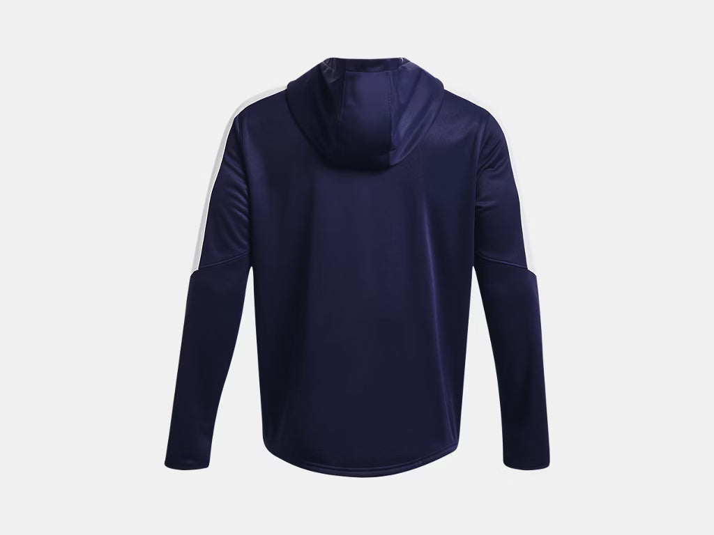 Back view of a navy blue hoodie featuring white stripe panels on the upper sleeves.