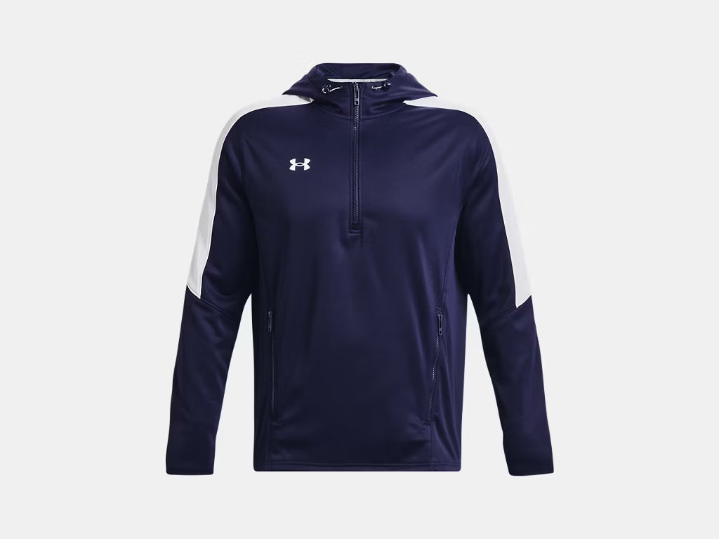 Navy blue Under Armour half-zip hooded sweatshirt with white shoulder panels, a small white chest logo, and two zippered side pockets.