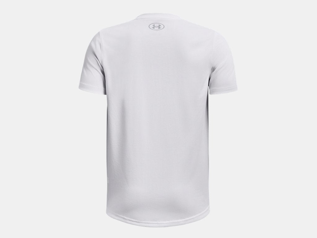 Rear view of a white short-sleeve Under Armour t-shirt with a small grey logo at the neck, centered on a light background.