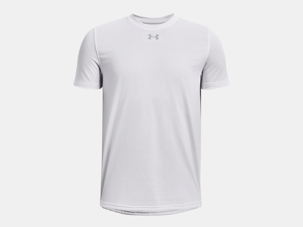 A plain white short-sleeved athletic t-shirt with a small gray Under Armour logo centered below the crew neck.