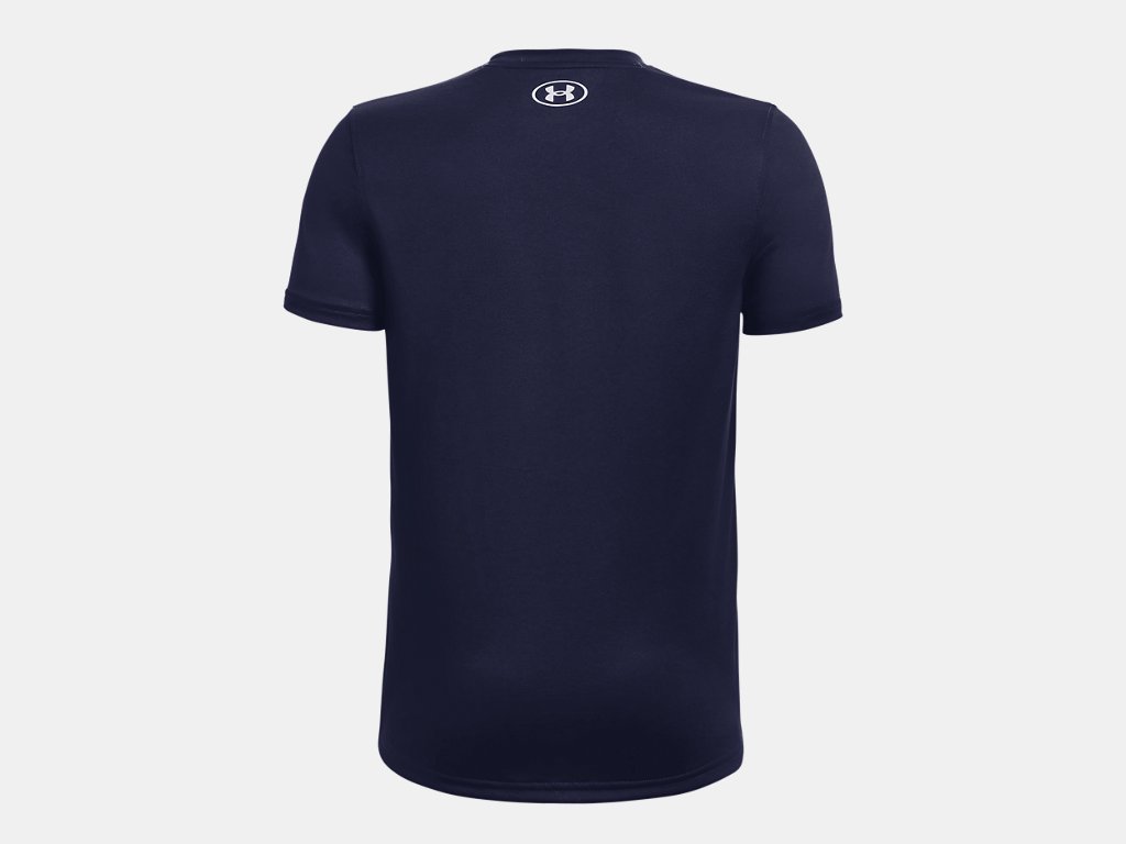 Back view of a navy blue Under Armour short-sleeve performance t-shirt with a small white logo on the upper back.