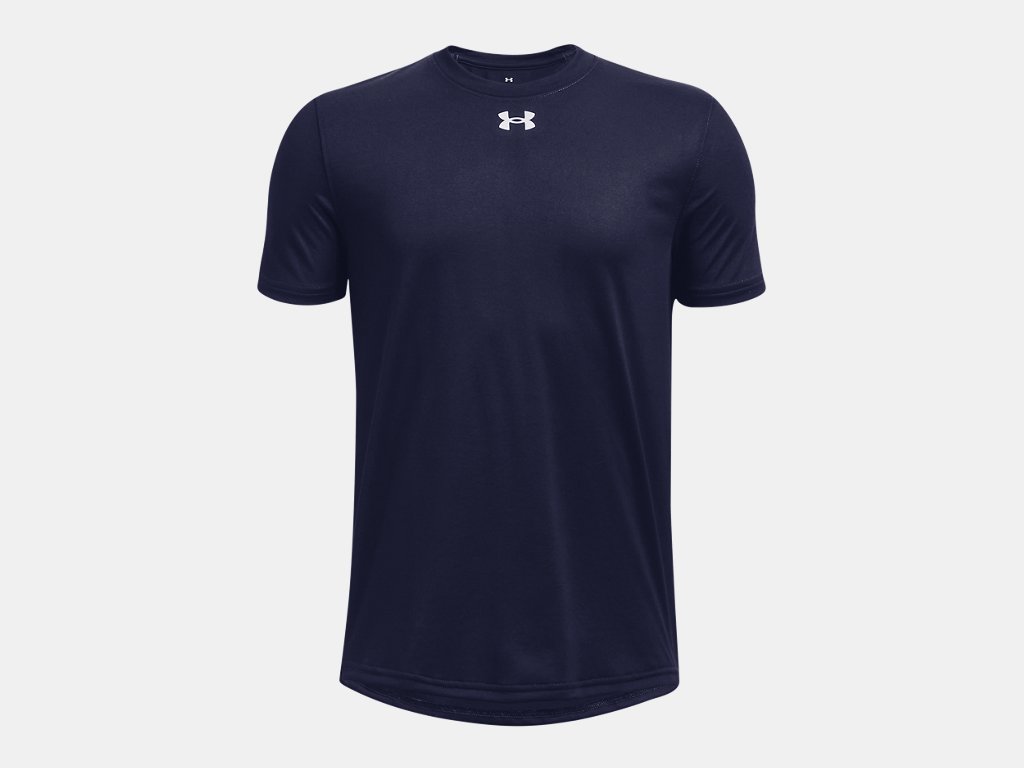 Navy blue Under Armour short-sleeved athletic t-shirt with a white logo centered below the crew neck.