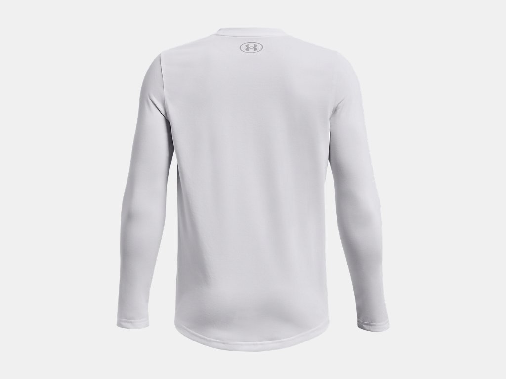 Back view of a white, long-sleeved Under Armour athletic shirt against a plain light gray background.