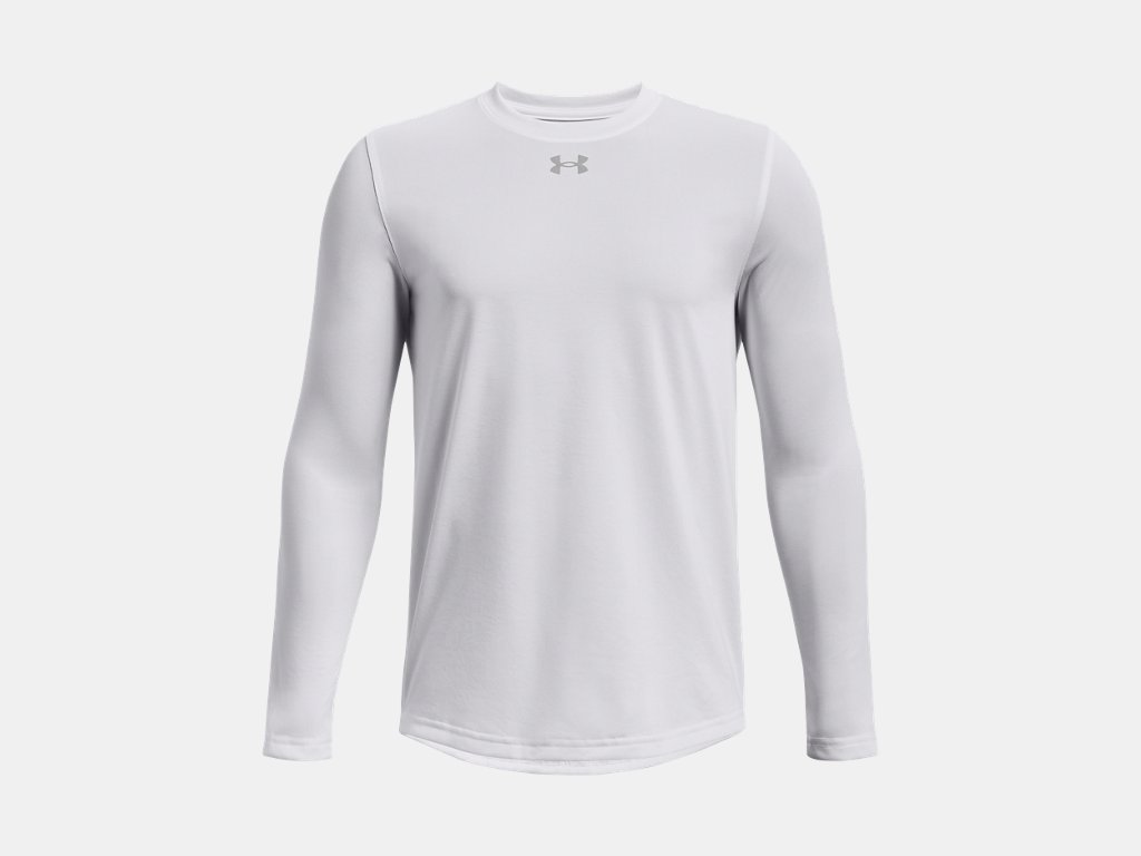White long-sleeved Under Armour athletic shirt with a crew neck and a small grey logo centered on the chest.