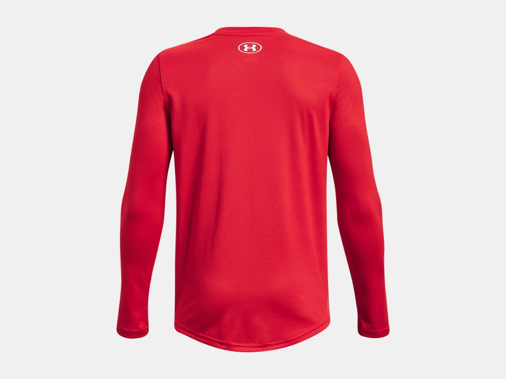 Back view of a red Under Armour long-sleeved shirt with a white logo below the collar.