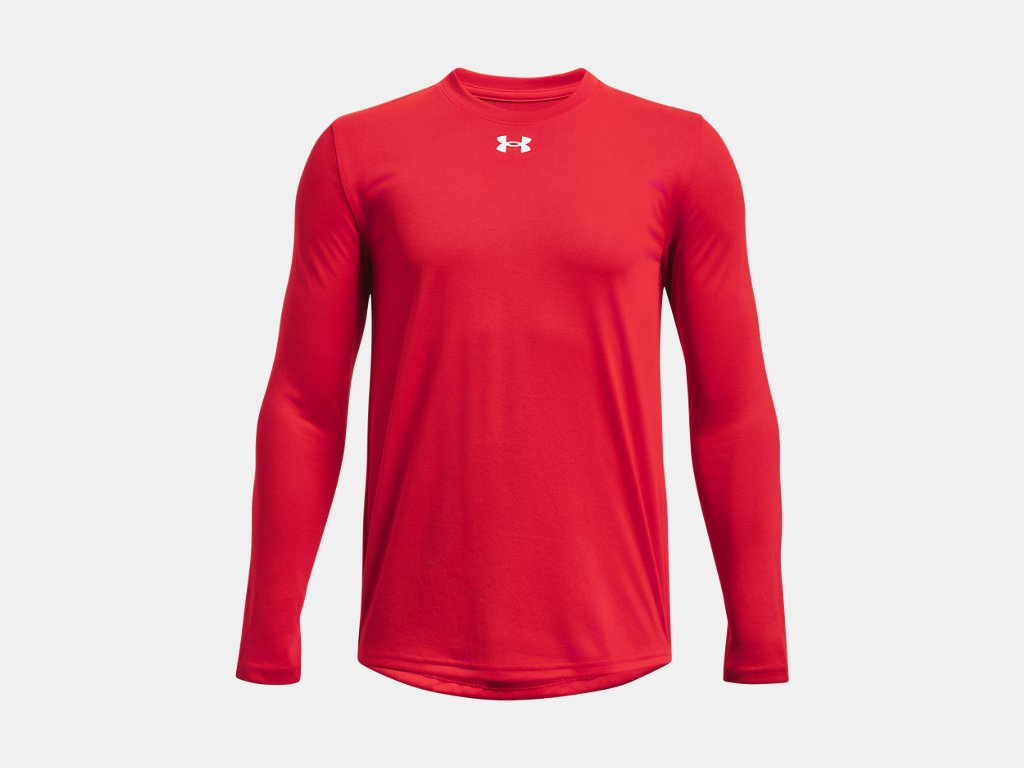 Red long-sleeved athletic t-shirt by Under Armour with a small white logo centered on the chest.