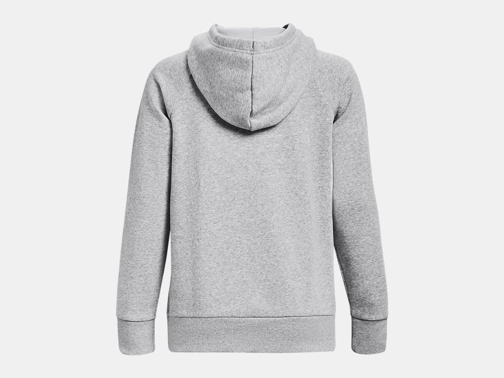 Back view of a light gray heathered hoodie with raglan sleeves, a large hood, and ribbed cuffs and hem.