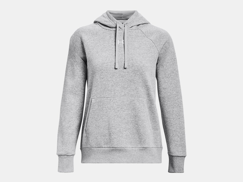 A light grey Under Armour hoodie with a drawstring hood, a front kangaroo pocket, and a small white logo on the chest.