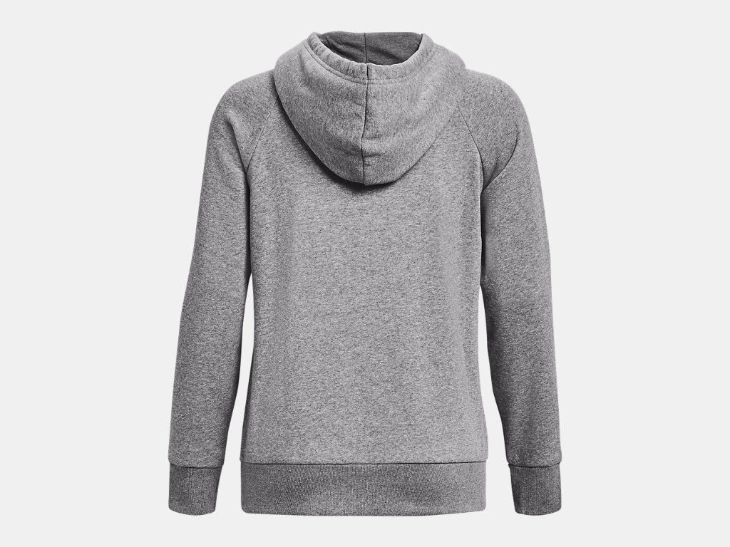 Back view of a grey heathered hoodie featuring a hood, long sleeves, and ribbed cuffs and hem.