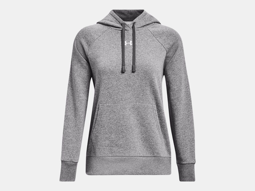 Grey heather women's Under Armour hoodie featuring a front kangaroo pocket, adjustable hood drawstrings, and raglan sleeves.