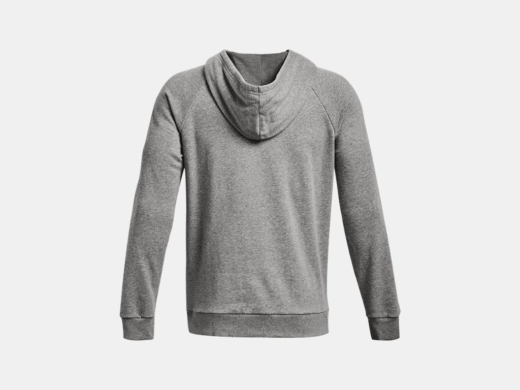 Rear view of a grey heathered hoodie with raglan sleeves and ribbed cuffs and hem, shown against a light background.