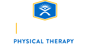 Logo featuring a blue hexagonal shield with a stylized white figure and sunburst, above the blue text "PHYSICAL THERAPY".