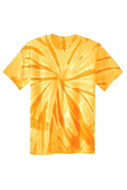 Short-sleeved t-shirt featuring a vibrant orange and yellow spiral tie-dye pattern on a white background.