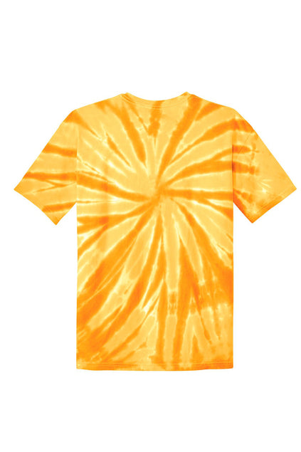 Back view of a t-shirt featuring a vibrant orange and yellow tie-dye spiral pattern on a white background.
