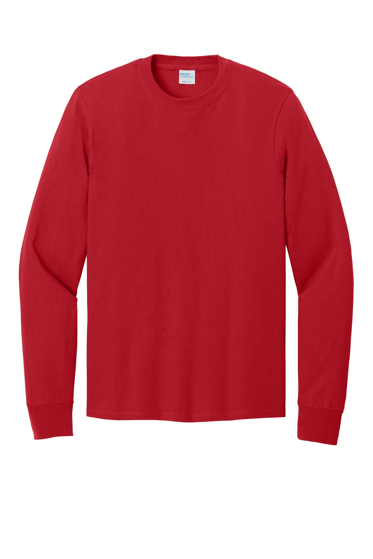 A bright red, long-sleeve crewneck t-shirt from Port & Company shown against a white background.