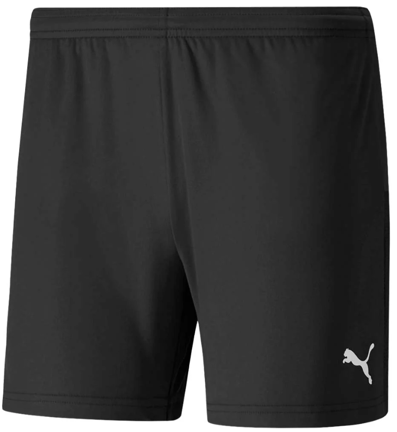 Black Puma athletic shorts with a white jumping cat logo on the lower left leg.