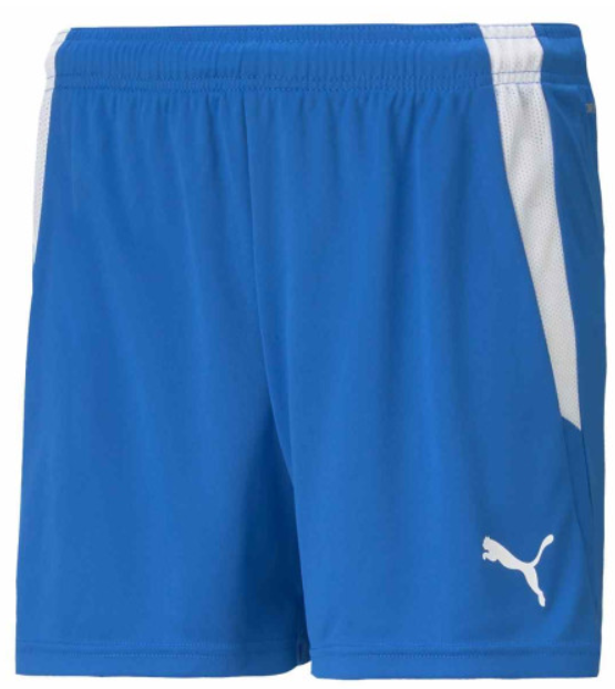 Royal blue Puma athletic shorts with white mesh side panels and a white Puma logo on the lower left leg.