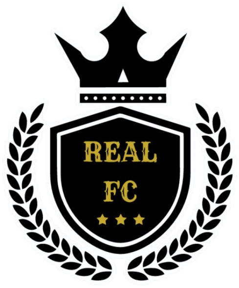 A logo for 'REAL FC' featuring a black shield with a white outline. Inside, the text 'REAL FC' is written in a decorative gold font above three small gold stars. A black and white crown sits on top of the shield, and a white laurel wreath encircles the sides and bottom. The entire design is set against a black background.