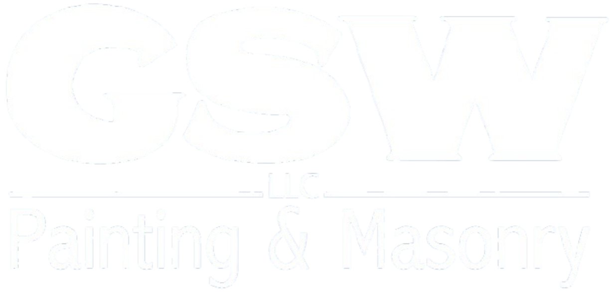 Logo for GSW LLC. Painting & Masonry. The letters 'GSW' are in a large, bold, white serif font at the top. A horizontal line separates the top from the bottom, with 'LLC.' centered within the line. Below the line, the words 'Painting & Masonry' are written in a plain, white sans-serif font. The entire logo is set against a black background.