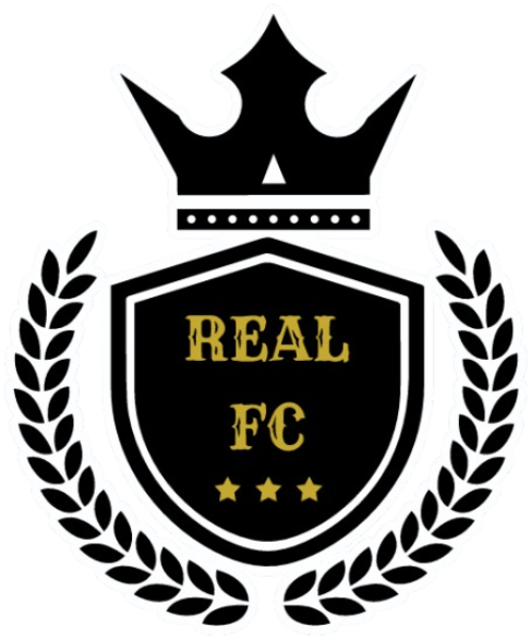 A football club crest for "REAL FC" on a black background. The logo features a central black shield with white outlines. Inside, the text "REAL FC" is written in a gold, decorative font above three small gold stars. A large black crown with a white outline sits atop the shield. A white-outlined laurel wreath wraps around the bottom and sides of the emblem.