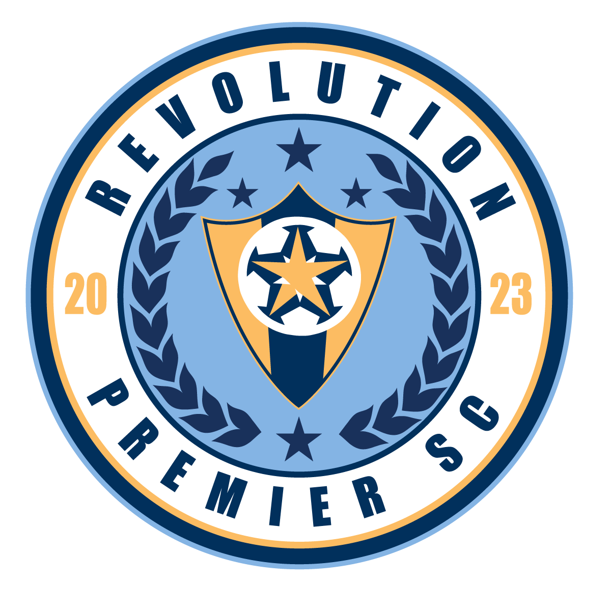 Circular logo for Revolution Premier SC 2023. Features a gold shield and star inside a laurel wreath, colored in navy blue, light blue, and gold.