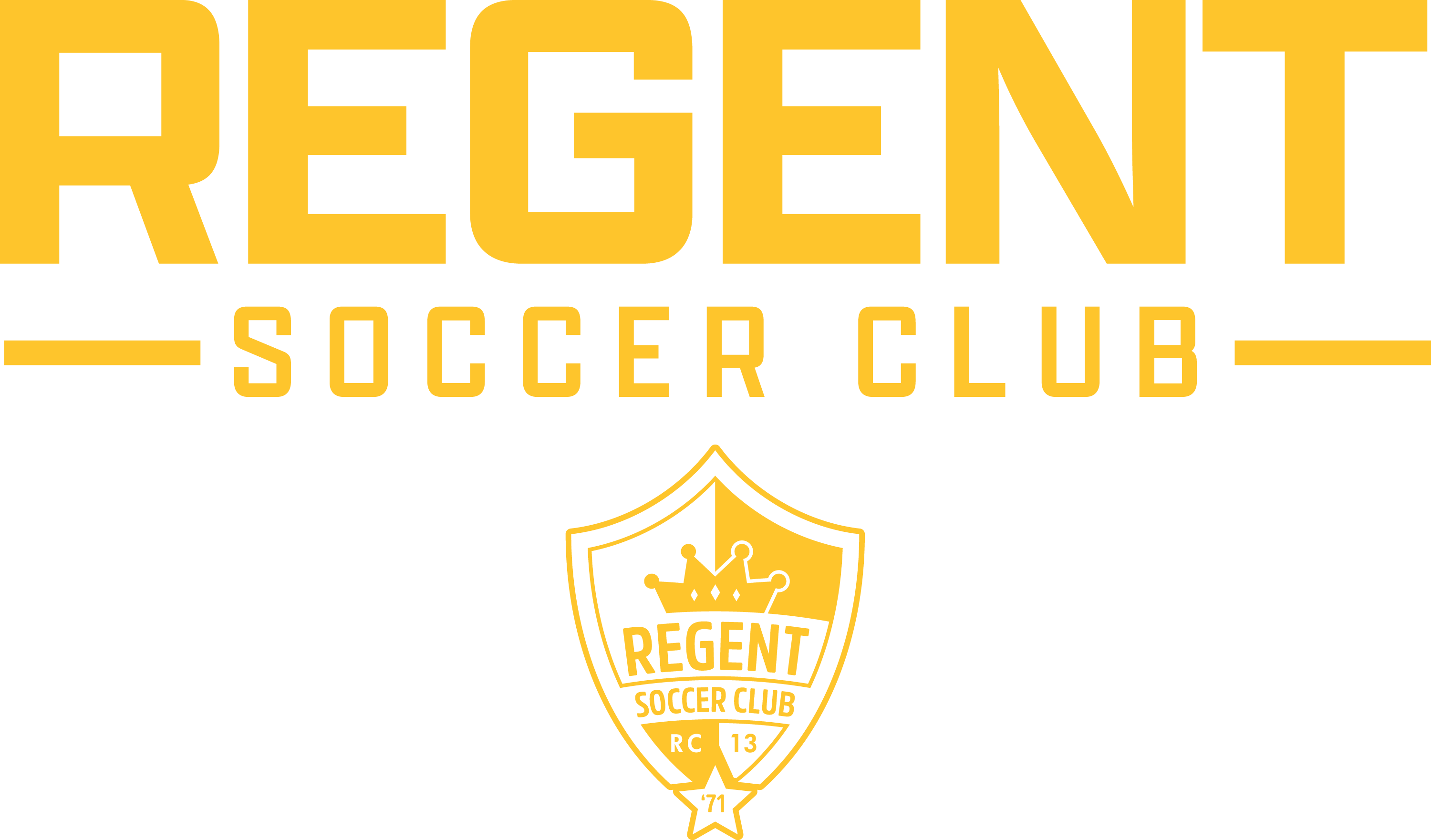 Yellow Regent Soccer Club logo with bold text above a shield crest featuring a crown and the year '71.