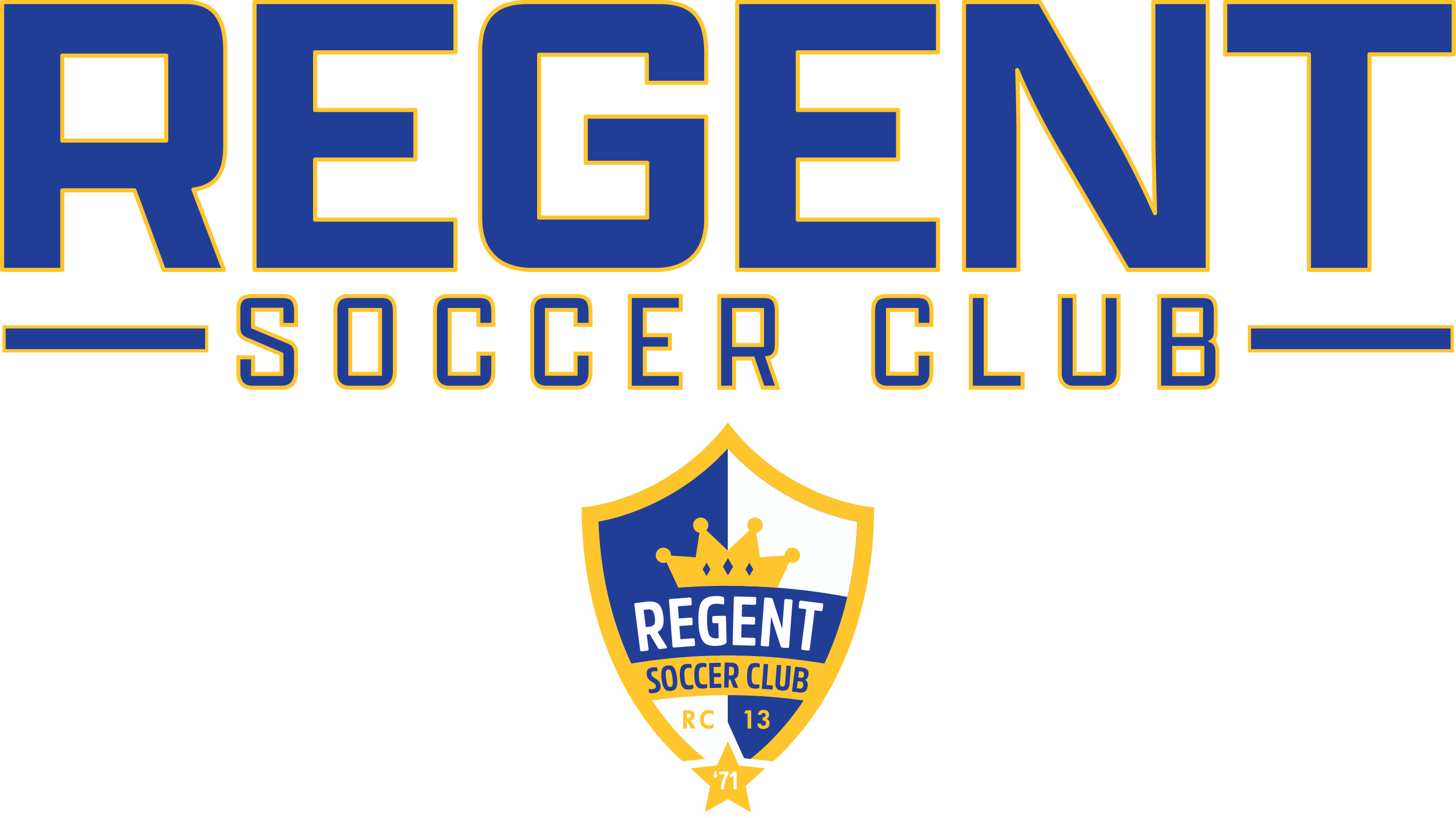 Logo for Regent Soccer Club featuring blue and yellow block lettering above a shield emblem containing a crown and a star with the year '71.