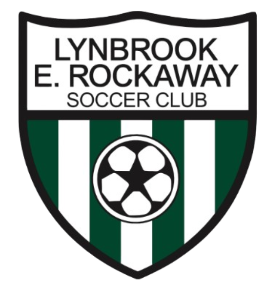Shield-shaped logo for Lynbrook E. Rockaway Soccer Club with green and white vertical stripes and a soccer ball icon featuring a central star.