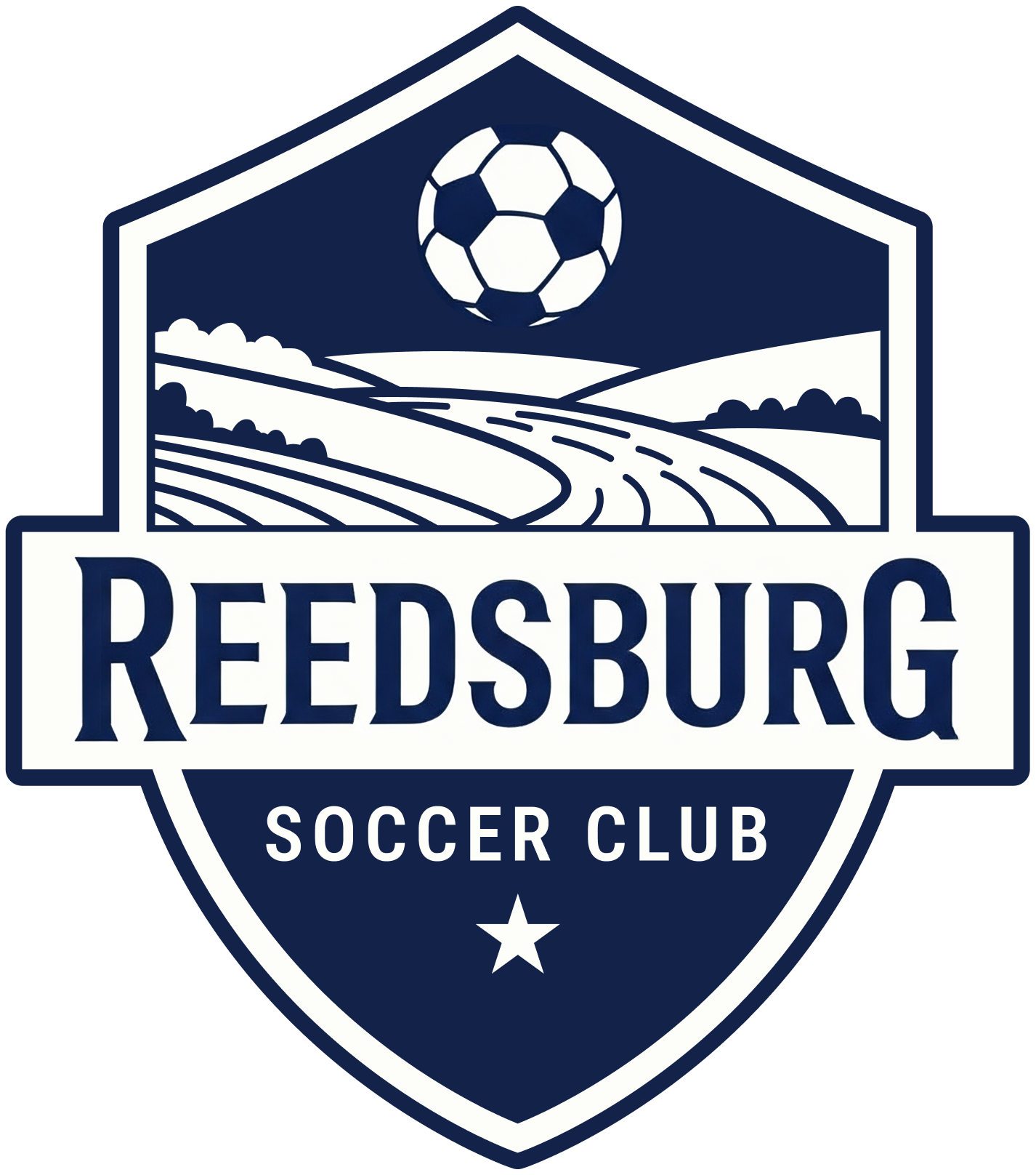 A navy blue and white shield logo for Reedsburg Soccer Club featuring a soccer ball above rolling hills, with the text "REEDSBURG SOCCER CLUB" and a single star.