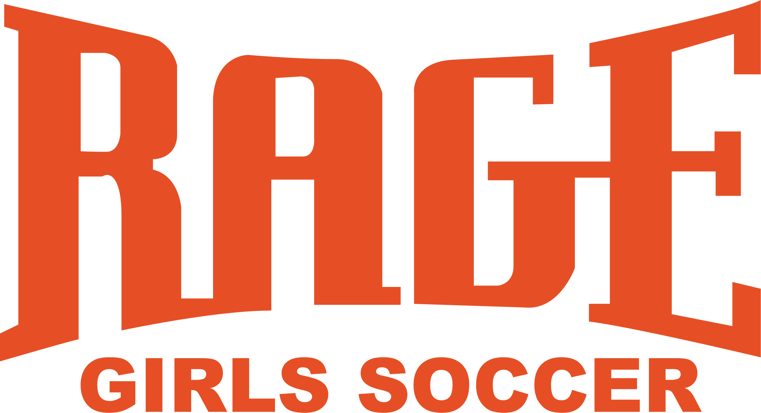 Orange logo featuring the word 'RAGE' in large, stylized lettering above the words 'GIRLS SOCCER' in a smaller, bold font.