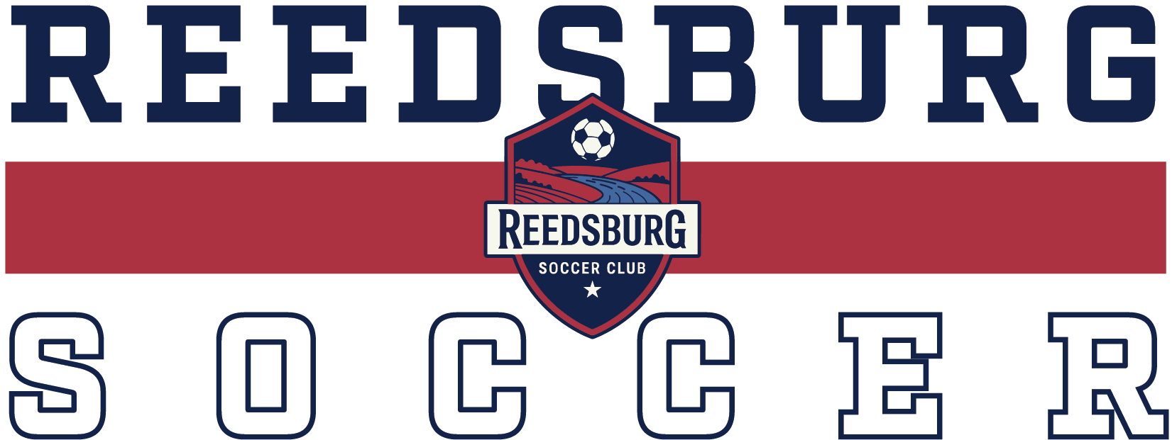 Logo for Reedsburg Soccer Club with navy blue text, a red stripe, and a central shield crest featuring a soccer ball and hills.