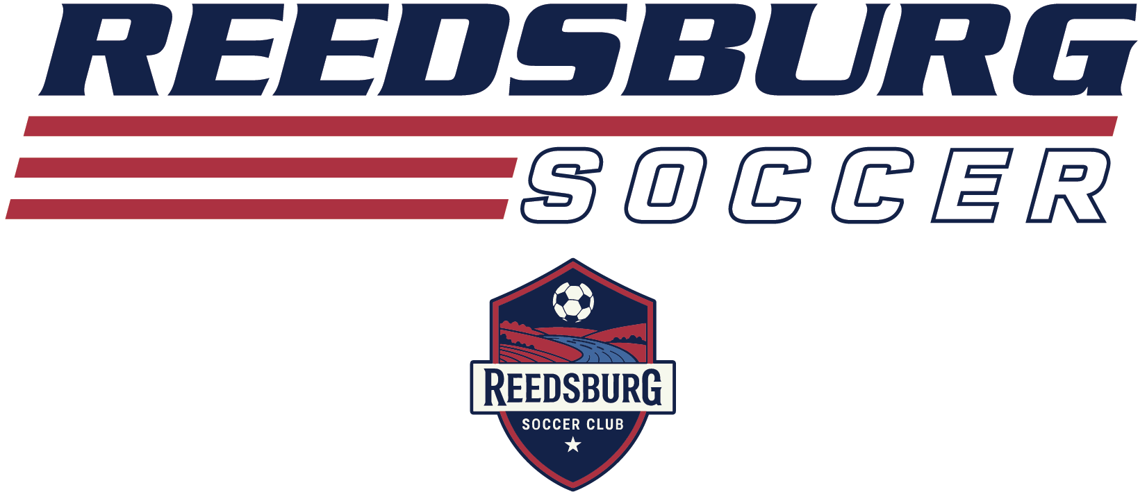 Logo for Reedsburg Soccer Club featuring the words "REEDSBURG SOCCER" above a shield emblem with a soccer ball, river scene, and the club's name.