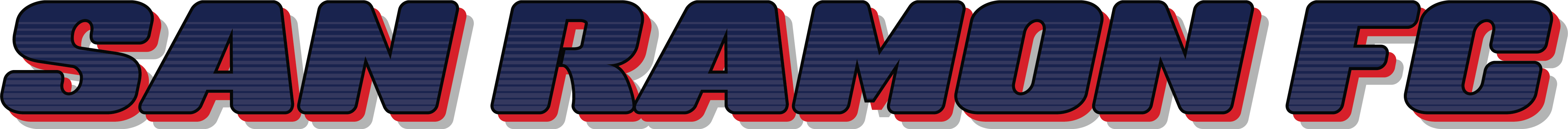 The text "SAN RAMON FC" in bold, slanted navy blue font with a horizontal pinstripe pattern, featuring a layered red and grey drop shadow.