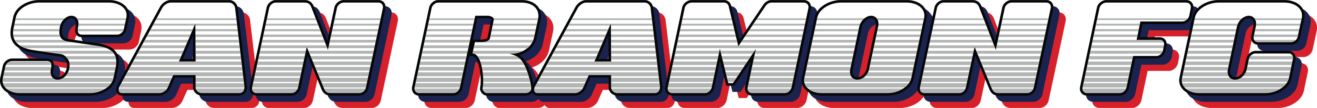 Text logo reading "SAN RAMON FC" in a bold, slanted font with gray horizontal stripes, blue outlines, and red shadows.