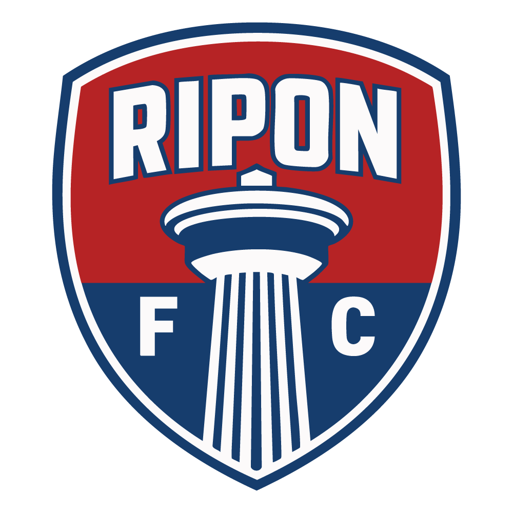 Logo for Ripon FC: a red and blue shield featuring "RIPON" arched at the top, a central white obelisk, and the letters "F" and "C" at the bottom.