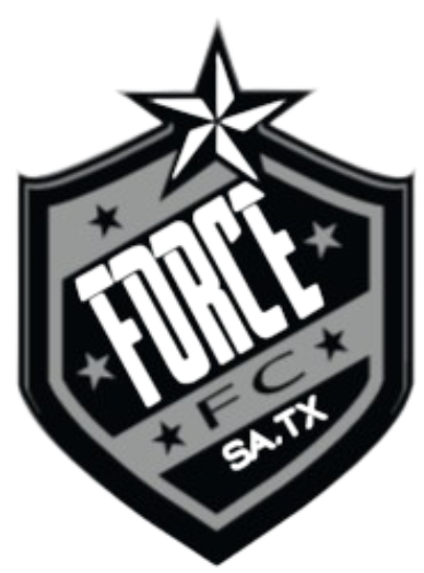 Grayscale shield logo for Force FC SA.TX featuring a large star on top, slanted "FORCE" text, "FC", "SA.TX", and several smaller decorative stars.