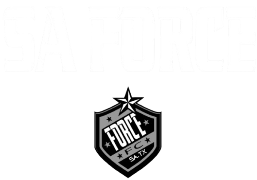 "SA FORCE" in white text above a grey and black shield logo with "FORCE FC," "SA, TX," and stars.