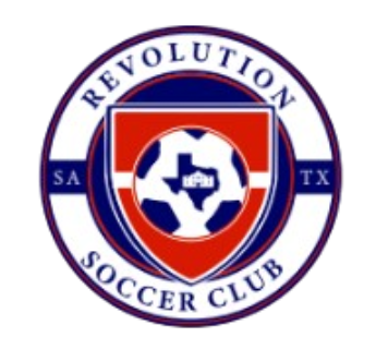 Circular logo for SA Revolution Soccer Club. Features navy text and a red shield with a soccer ball containing a Texas state outline and the Alamo inside.