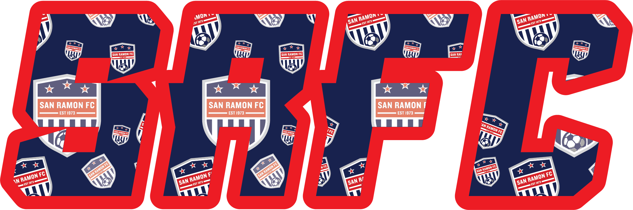 Bold, red-outlined letters spelling "SRFC" filled with a pattern of San Ramon FC soccer club logos on a navy blue background.